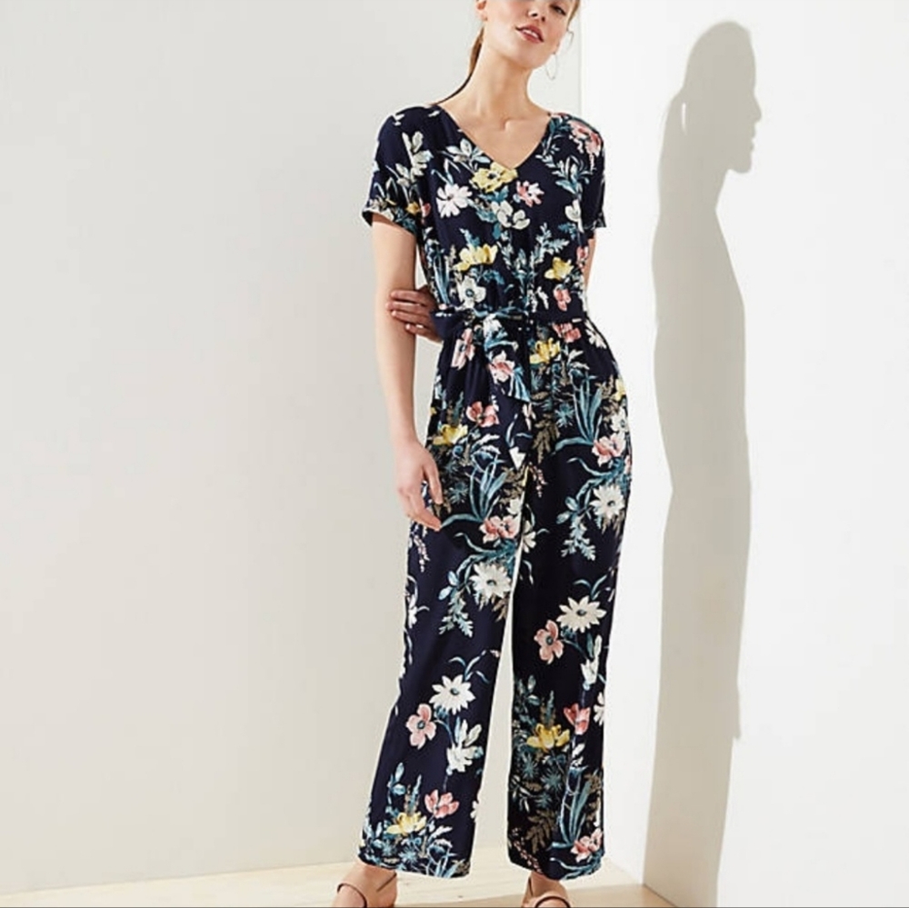 Ann Taylor LOFT Blue Floral Jumpsuit Sz 14
